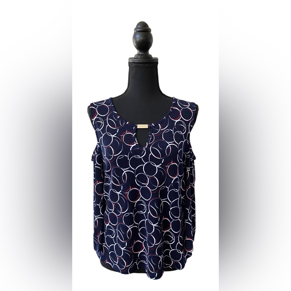 Adrienne Vittadini: Blue and White 3/4 Sleeve Relaxed Cold Shoulder Blouse